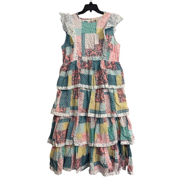 Simply Southern Dresses & Skirts - Simply Southern Patchwork Tiered Maxi Dress XL Pink Teal Ruffle Sleeveless NEW